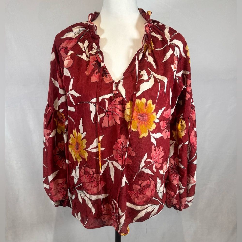 Lovestitch burgundy long ballon sleeve floral oversized peasant top size small